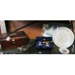 A walnut sewing box, horns, compact et cetera