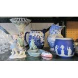 A Doulton blue and white cream jug, blue and white jug, Jasper jardinière a/f and other china
