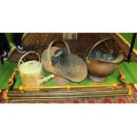 A grained slop bucket, watering can and copper and brass