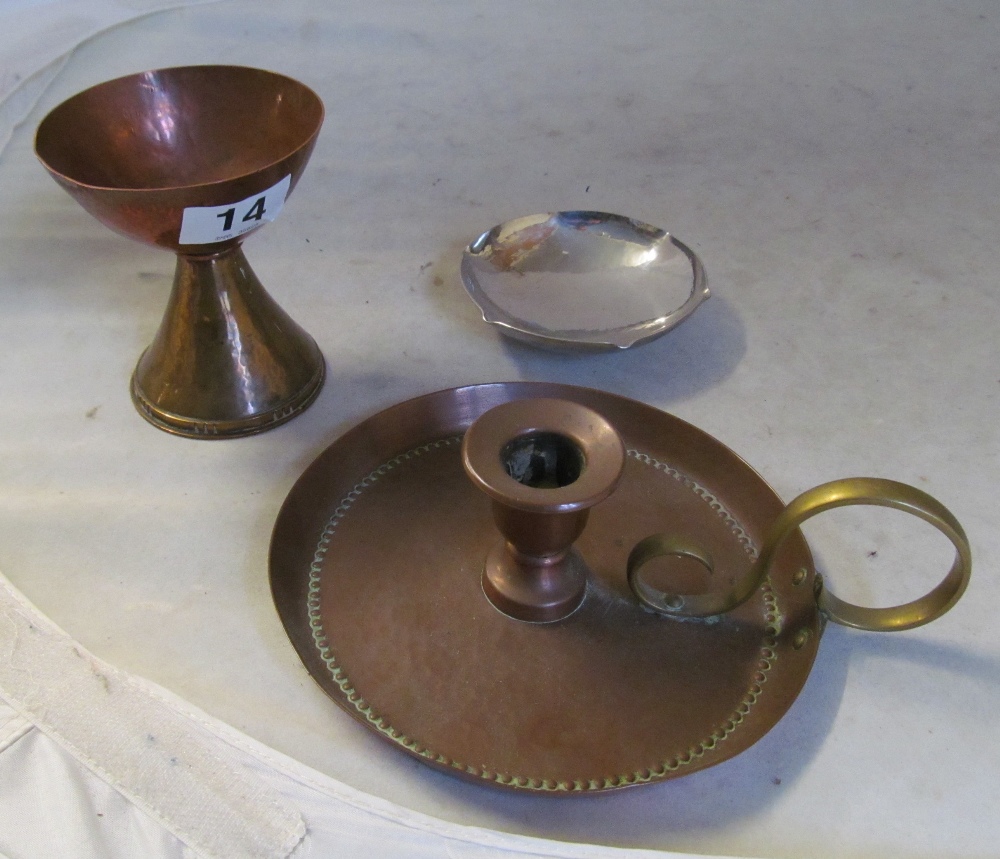 A Keswick school staybright dish (KSIA) mark beaten copper and brass goblet and chamberstick