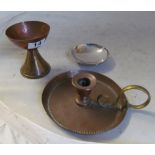 A Keswick school staybright dish (KSIA) mark beaten copper and brass goblet and chamberstick