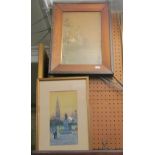 Two prints, two watercolours and an Oriental silk