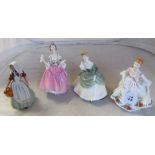 Four Royal Doulton figure:- Country Rose, Ballard Seller, Soiree and Milkmaid