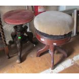 A Victorian piano stool with carved supports and another piano stool