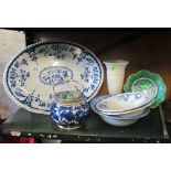 A large blue and white meat platter, Spode Italian bowl, two other blue and white bowls, biscuit