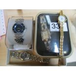 A ladies Swatch watch blue face and pierced decorative strap and three other ladies watches