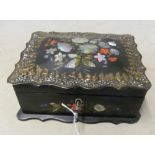 A Victorian papier mache shaped edge box inset mother of pearl and painted flowers (slightly a/f)