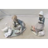 A Lladro model girl with two geese and girl with geese