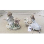 Two Lladro models girl with doves and girl with fawn