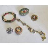 Some Italian mosaic jewellery; two brooches, frame and two pill boxes