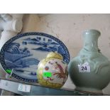 A Japanese blue and white charger, ginger jar and a celadon lamp/vase