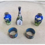 Three small cloisonné vases and a pair of napkin rings