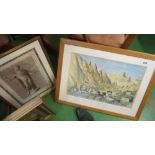 A print of a boy in gilt frame, picture sailing boats in gilt frame, a watercolour signed Ross and a