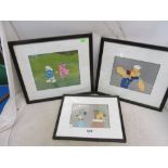 Three animation cells; Smurf, Popeye and Yogi Bear, framed