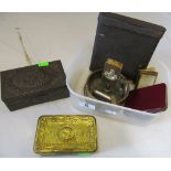 A brass trench art ashtray Karen Rifles, mess tin, Queen Mary 1914 Christmas tin, mess tin and a