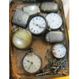 A box of silver and plated pocket watches, fob chain and four vesta vases