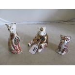Two Royal Crown Derby cats and bear