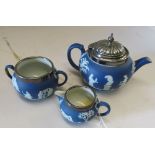 A Wedgwood Jasperware three piece teaset plated rims and lid (chip to spout) and sucrier (handle