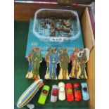 A Plastic Case Series Made Car Assortment, six small cars, German Zeppelin, eight stand-up