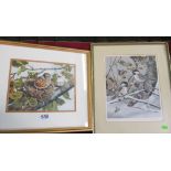 Shirley Deaville - signed Artist's Proof two birds on snowy branch and another bird in nest '