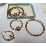 A pair of 9ct gold large hoop earrings 6gm, pair similar with blue and white stone ball and pair