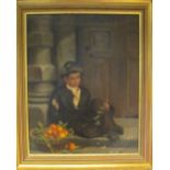 F. Foottit oil seated young man with bowl of fruit outside a doorway