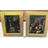 A pair of 19th Century German school oils on panel man at the bottom of stairs with cat and