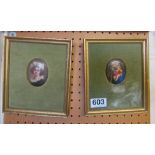 Two oval porcelain plaques one girl in white hat and the other mother and child, framed