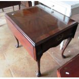 A pair of reproduction mahogany dropleaf side tables on cabriole legs and single drawer