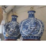 A pair of large blue and white reproduction Oriental table lamps dragon design