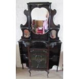 An Edwardian stained wood mirror back display cabinet with display shelves and central glazed