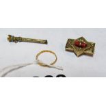 A gold band, brooch set coral and toothpick