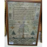 A 19th Century Sampler with verse, birds and trees by Eliza Drew Aged 11 years 1842 (slightly a/f)