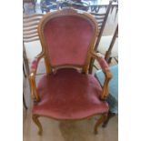 A French style chair upholstered in pink, a stool in blue and an Edwardian chair