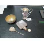 A silver cream jug, hip flask (a/f), Indian bowl and spoon