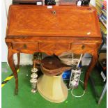 A 19th Century geometrically veneered bureau de dame, drop front revealing stepped interior, two