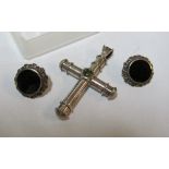 A pair silver earrings set hardstone and silver cross pendant