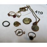 Various gem stone rings, photo pendants etc