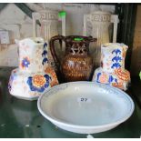 Two Boyle Imari colour jugs, puzzle jug, pair Bretby vases and a dish