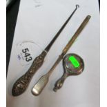 A silver handled button hook, plated compact and marrow scoop