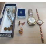 A ladies rose gold watch, Leovo gent's watch, cufflinks and tie clips