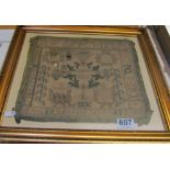 A 19th Century Alphabet Sampler central figures and dated 1831 flowers (some damage), framed