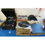 A table top gramophone and records mainly Big Band Jazz and '50s, '60s era