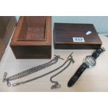 Two silver fob chains, gent's watch in rosewood effect box