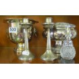 A pair of small silver candlesticks, scent bottle and plated items