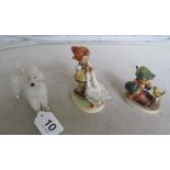 A Beswick Poodle and two Hummel figures children with birds