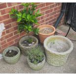 Four stoneware garden pots and a metalwork garden chair