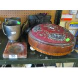 A footstool with tapestry top, two pewter mugs, ashtray and pair binoculars with racing tags