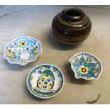 Donald Mills studio pottery signed vase dated 1947 and three decorated studio dishes by Donald and