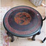 An early 20th Century lacquer circular table with dragon design on cabriole supports and a